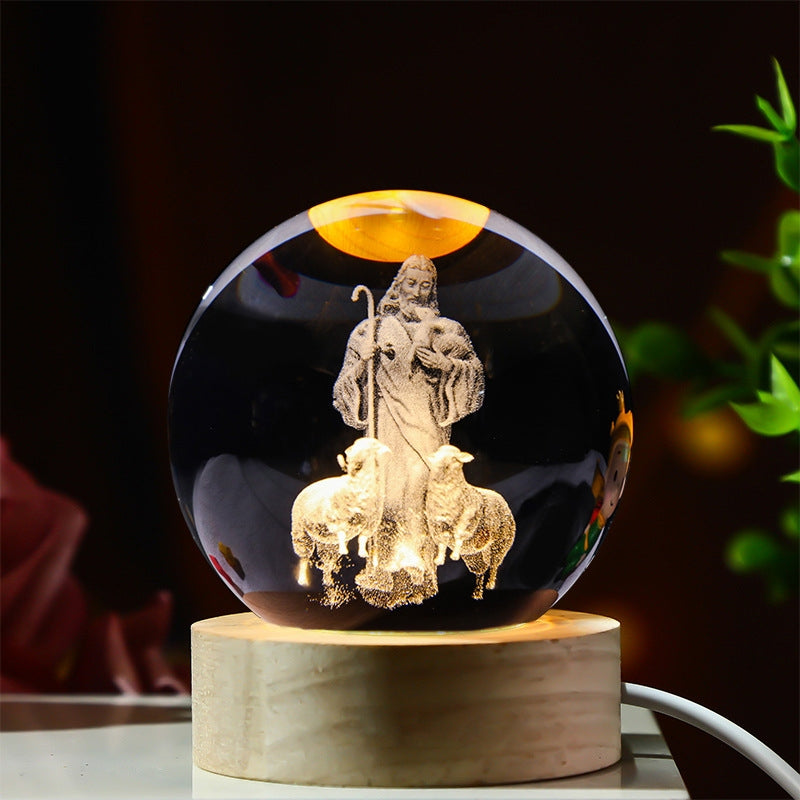 Christian decoration, wooden lamp-based crystal ball night light, home decoration - Christian gift for men and women (Holy Mary)