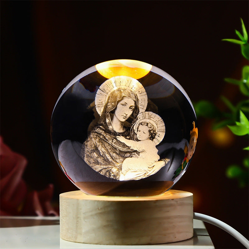 Christian decoration, wooden lamp-based crystal ball night light, home decoration - Christian gift for men and women (Holy Mary)